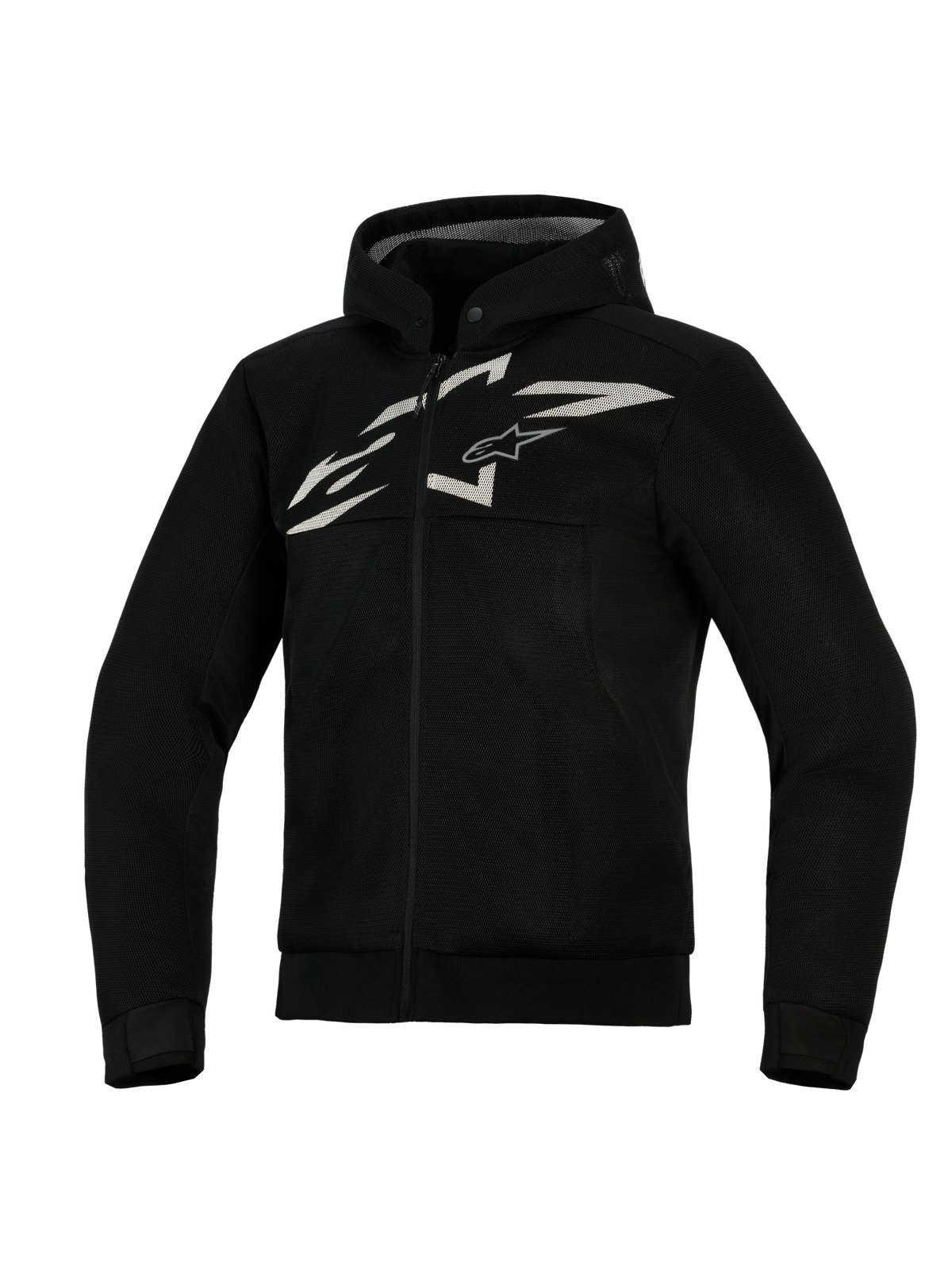 Alpinestars Chrome Superairflow Hoodie, felpa da moto ventilata, nera con logo bianco e grigio, con costruzione integrale in mesh 3D, design con zip frontale e cappuccio integrato, vestibilità atletica per la guida sportiva