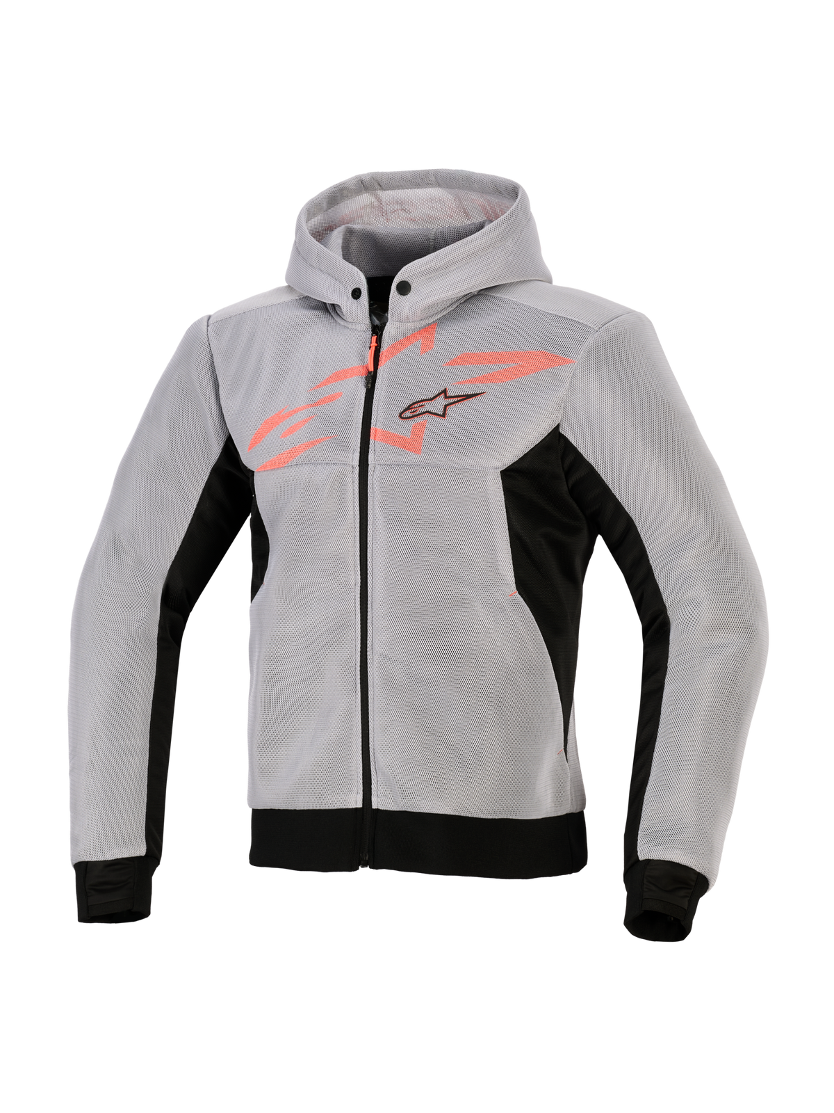 Alpinestars Chrome Superairflow Hoodie, felpa tecnica da moto, nero, grigio medio e rosso fluo, costruzione in mesh tecnico 3D, grigio chiaro con pannelli laterali e bordo neri, grafica sul petto rosso fluo con logo Alpinestars a stella, abbigliamento sportivo da moto