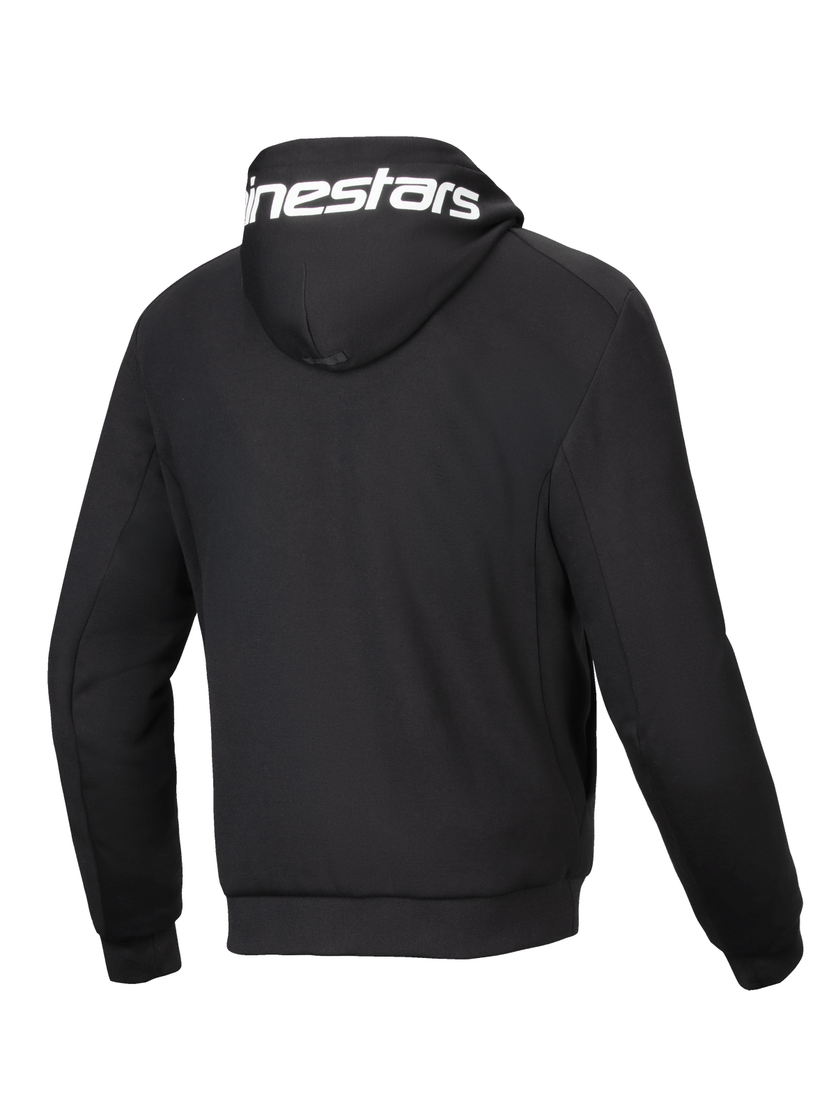Alpinestars Felpa con cappuccio Chrome V2 Sport, giacca da moto urban nera, vista posteriore con logo bianco sul cappuccio, pile tecnico, certificata CE