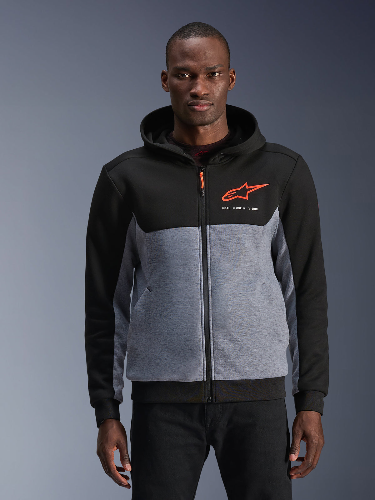 Alpinestars felpa Chrome V2 Sport, giacca da moto urban da uomo, nero e grigio, logo rosso fluo, tessuto tecnico con cappuccio.