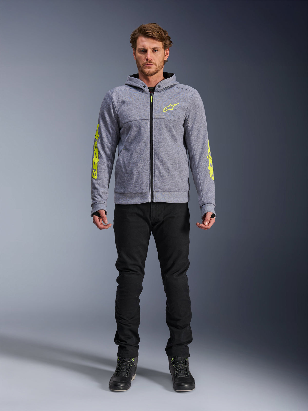 Alpinestars felpa con cappuccio Chrome V2 Sport, giacca da moto urbana da uomo, grigio e giallo fluorescente, in pile tecnico.