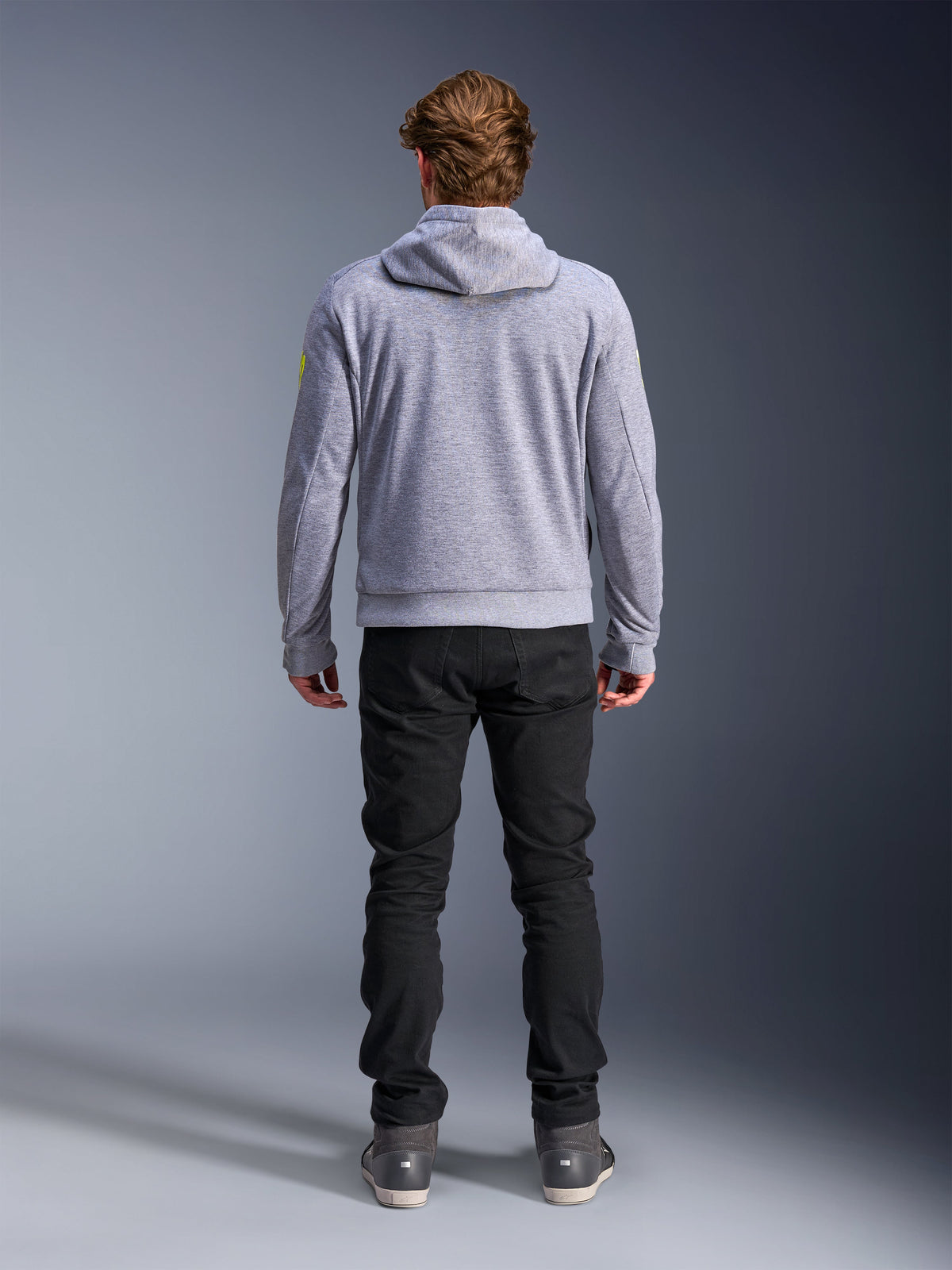 Alpinestars Felpa con cappuccio Chrome V2 Sport, abbigliamento moto urban da uomo, grigio melange e giallo fluo, vista posteriore.