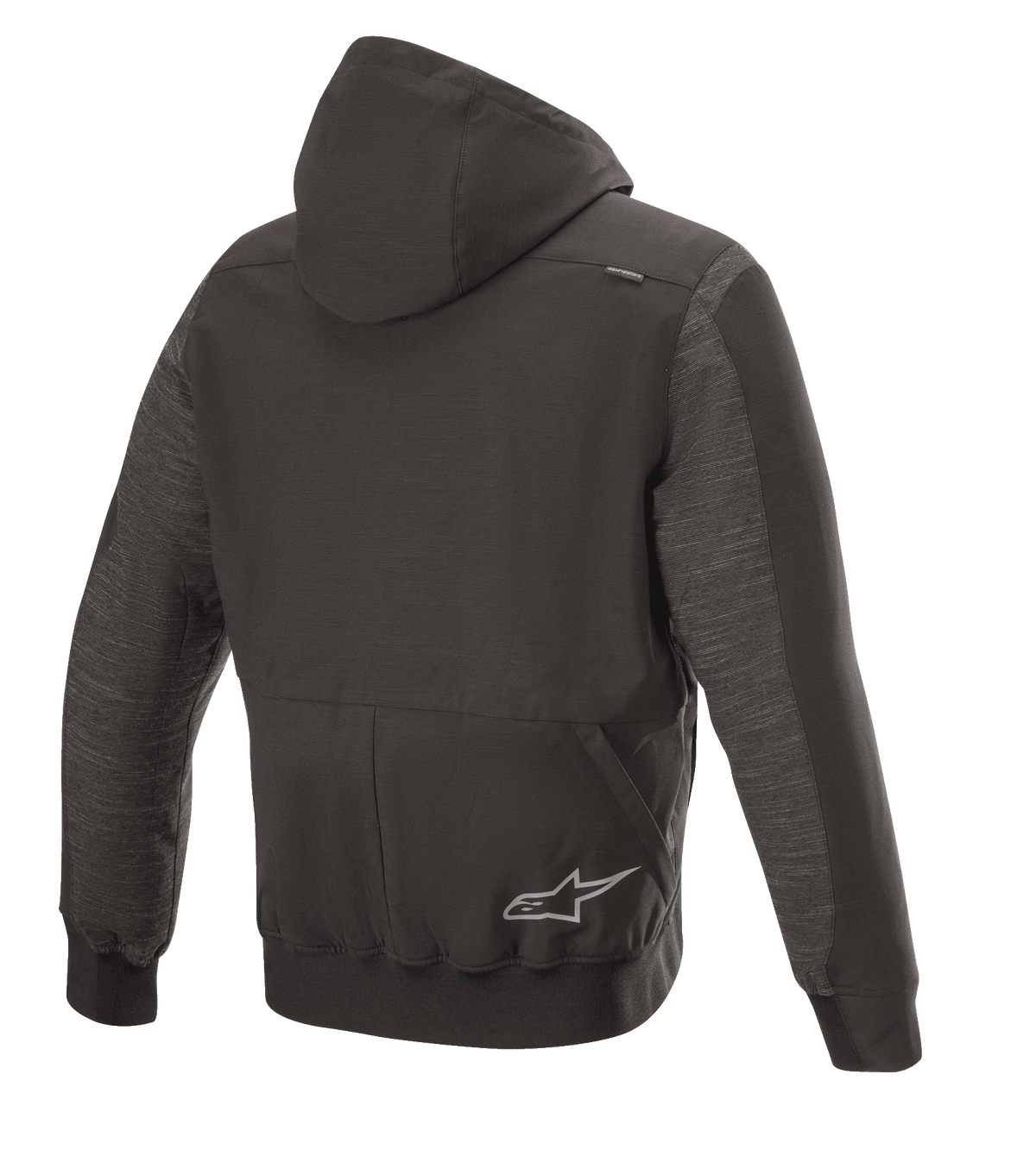 Felpa con cappuccio Alpinestars Rhod Windstopper, giacca da moto urbana, Nero Melange, vista posteriore con cappuccio staccabile, polsini e orlo a costine e un discreto logo a stella sul retro.