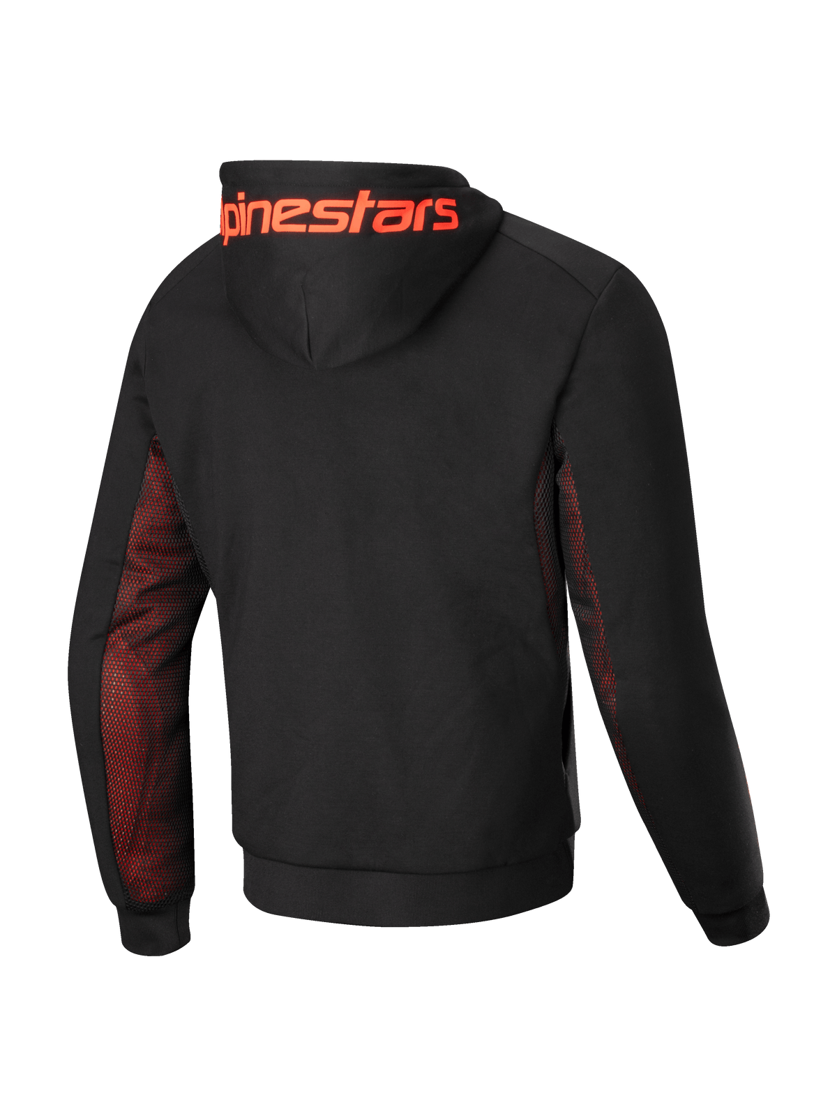 Alpinestars Felpa Chrome Air Sport, felpa da moto da uomo, vista posteriore con costruzione in pile tecnico nero, pannelli laterali in rete rosso fluo e grande marchio Alpinestars sul cappuccio, certificata CE classe A