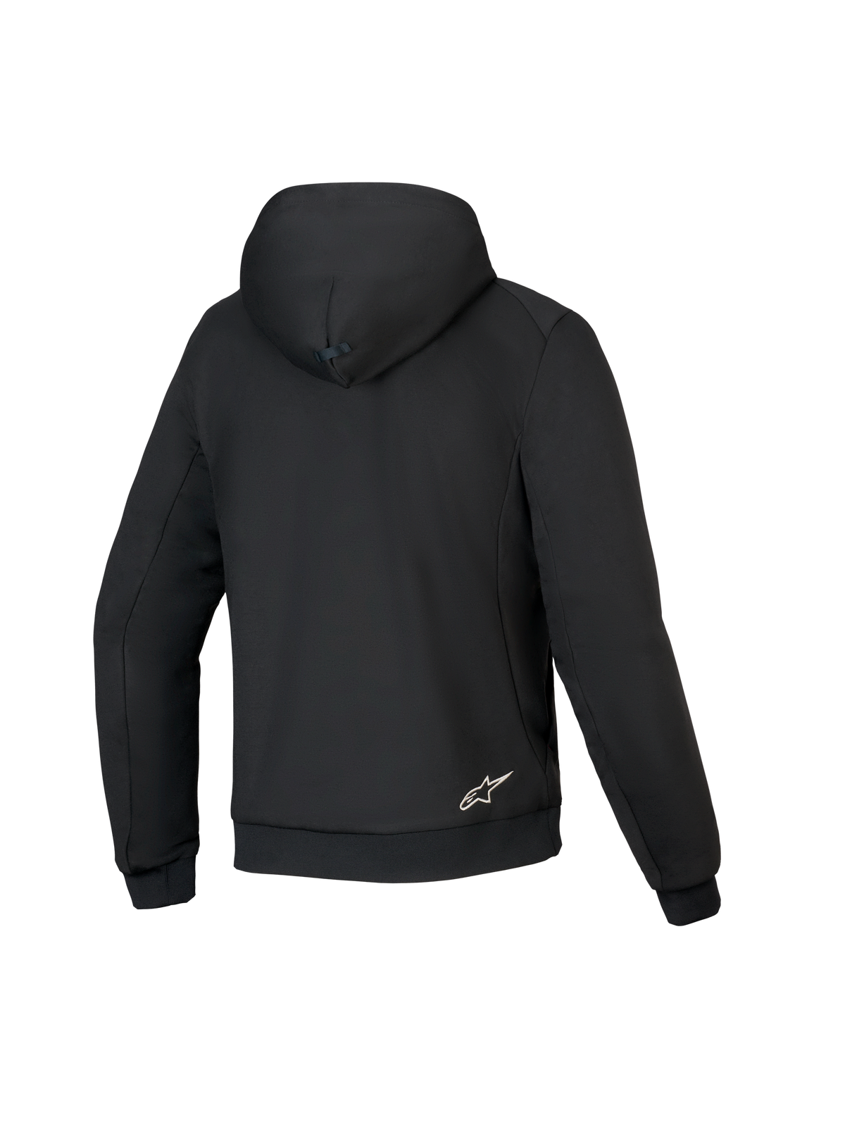 Alpinestars Honda Chrome V3 Sport Hoodie, nero, vista posteriore della felpa con cappuccio da moto, costruzione in pile tecnico, cappuccio con connessione a scatto, polsini e orlo a costine e piccolo logo Alpinestars bianco sulla parte inferiore della schiena