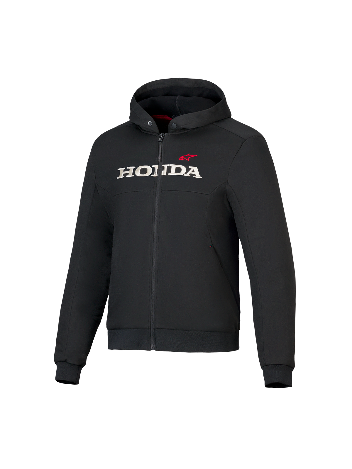 Honda Chrome V3 Sport Hoodie, felpa con cappuccio nera con cerniera frontale, logo HONDA bianco e stella Alpinestars rossa sul petto, maniche lunghe con polsini a costine, interno del cappuccio rosso, abbigliamento da moto urbano