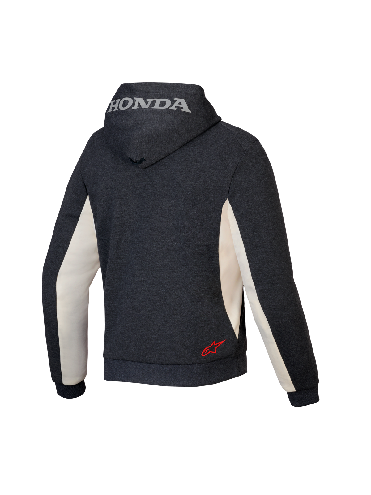 Alpinestars Honda Chrome V3 Sport Hoodie, felpa con cappuccio da moto urbana, Grigio Antracite Melange e Off White, vista posteriore con logo Honda argento sul cappuccio e logo Alpinestars rosso sulla parte bassa della schiena, costruzione in pile tecnico