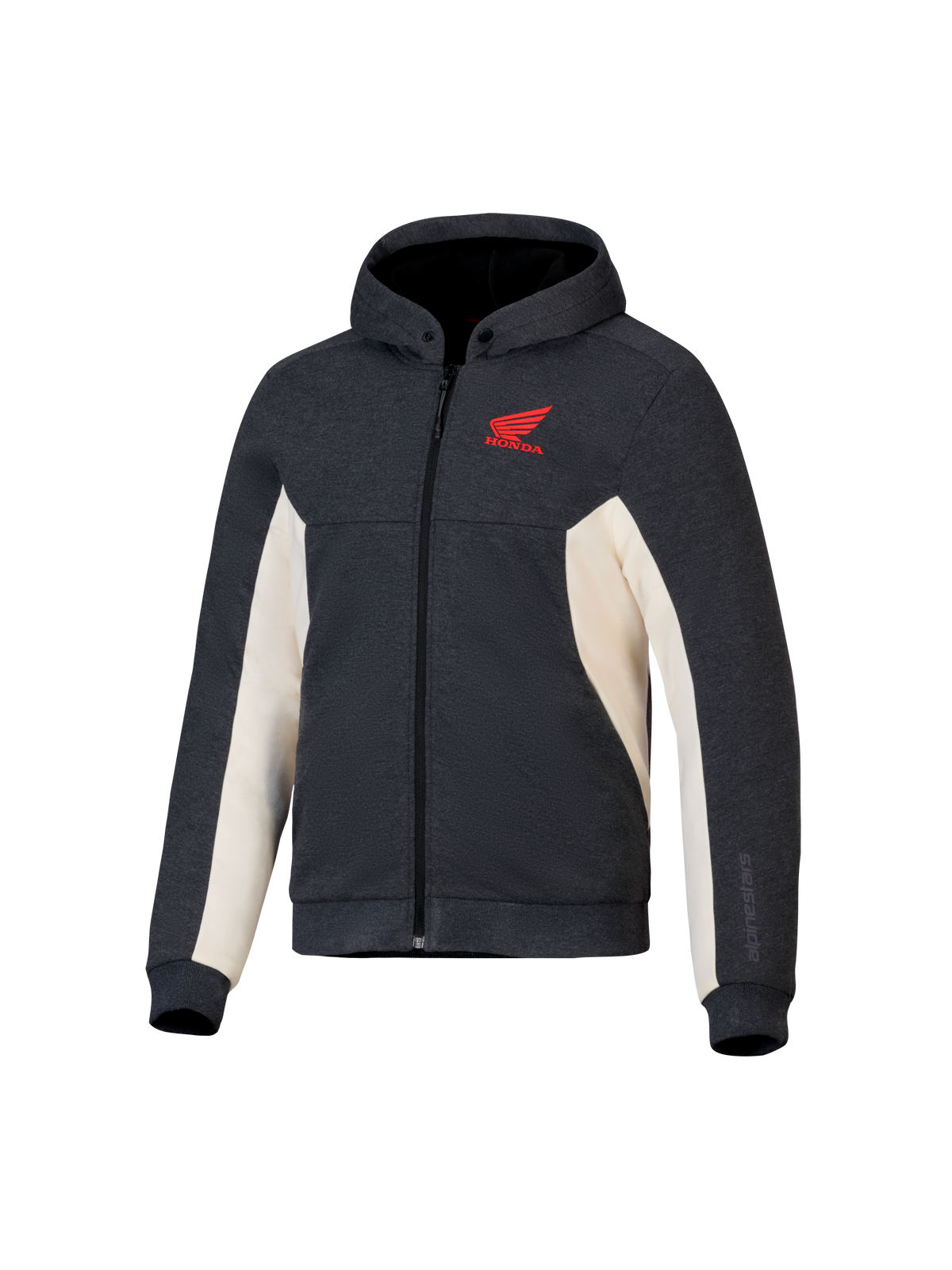 Alpinestars Honda Chrome V3 Sport Hoodie, antracite melange e bianco panna, logo Honda Wing rosso sul petto, pile tecnico con zip integrale, cappuccio con bottoni a pressione e polsini a costine, abbigliamento casual per guida urbana in moto