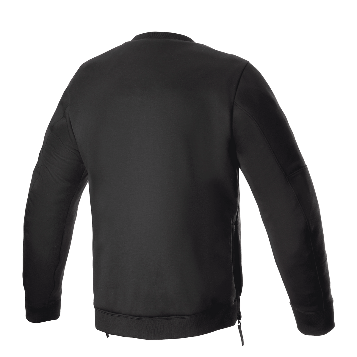 Alpinestars Legit Crew Fleece, nero, vista posteriore di pullover da moto urbano, girocollo con polsini e orlo a costine, cerniere laterali per l'accesso, abbigliamento protettivo casual per motociclisti