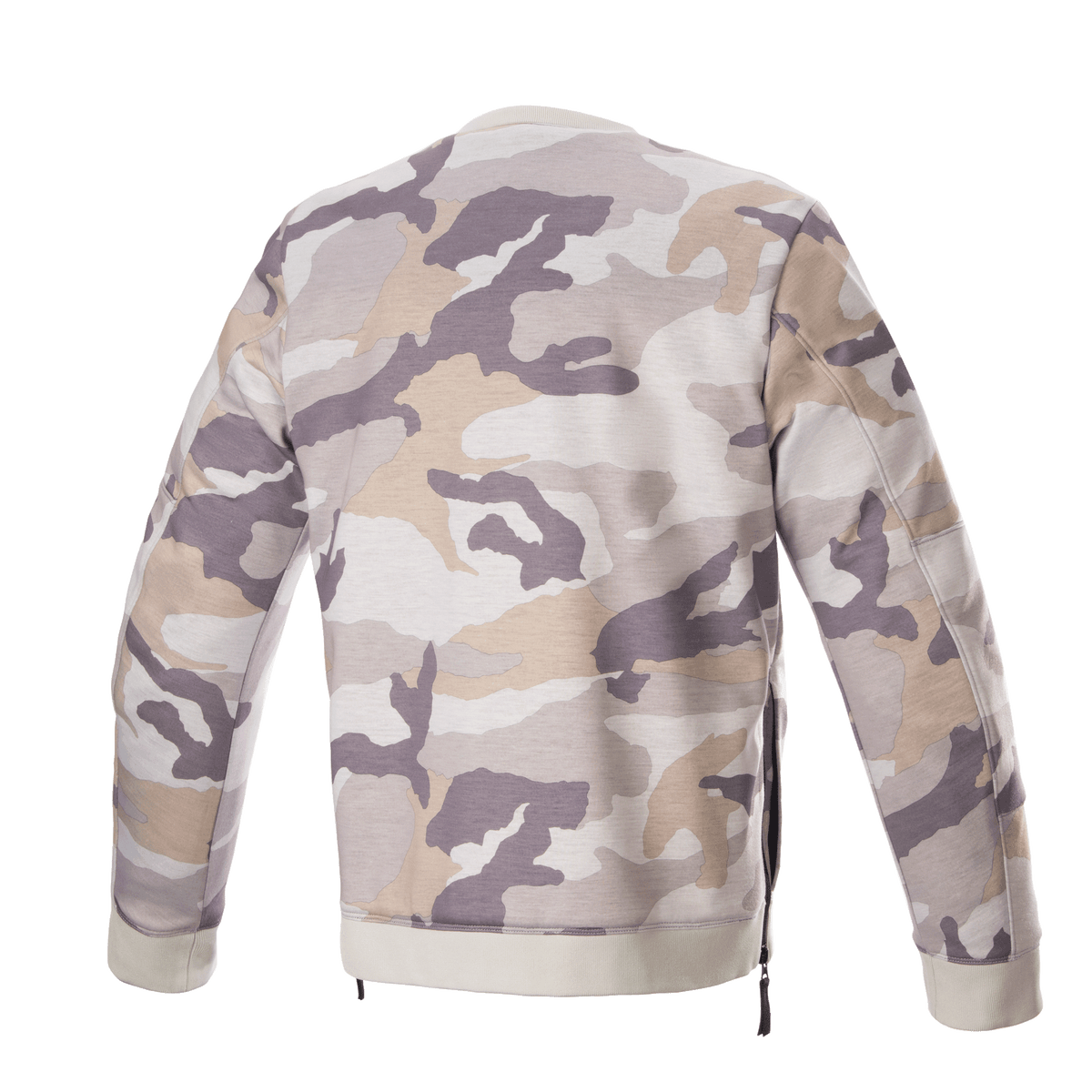 Alpinestars Legit Crew Fleece, pullover da moto, Light Gray Camo, vista posteriore, motivo mimetico in tonalità di grigio e beige, colletto e bordo a coste, cerniere laterali, abbigliamento da moto urban casual
