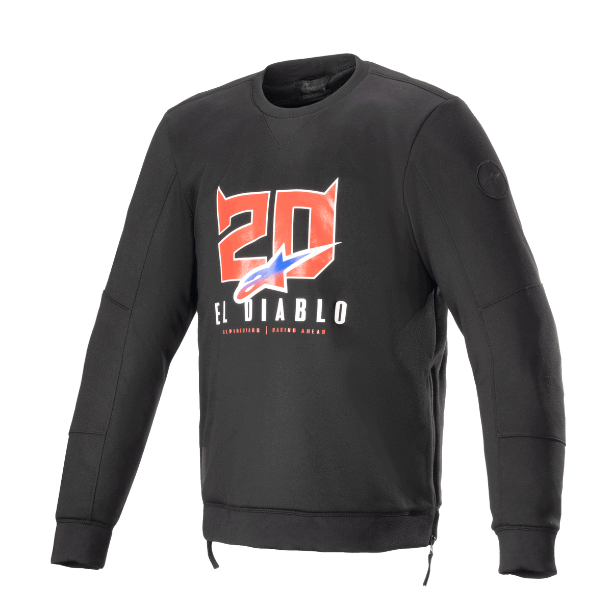 Alpinestars FQ20 Legit Crew Fleece, felpa da moto a maniche lunghe nera, con grafica '20' rosso con corna da diavolo e 'El Diablo' sul petto, logo sfumato blu e rosso, cerniere laterali e finiture a costine, abbigliamento da moto urban casual