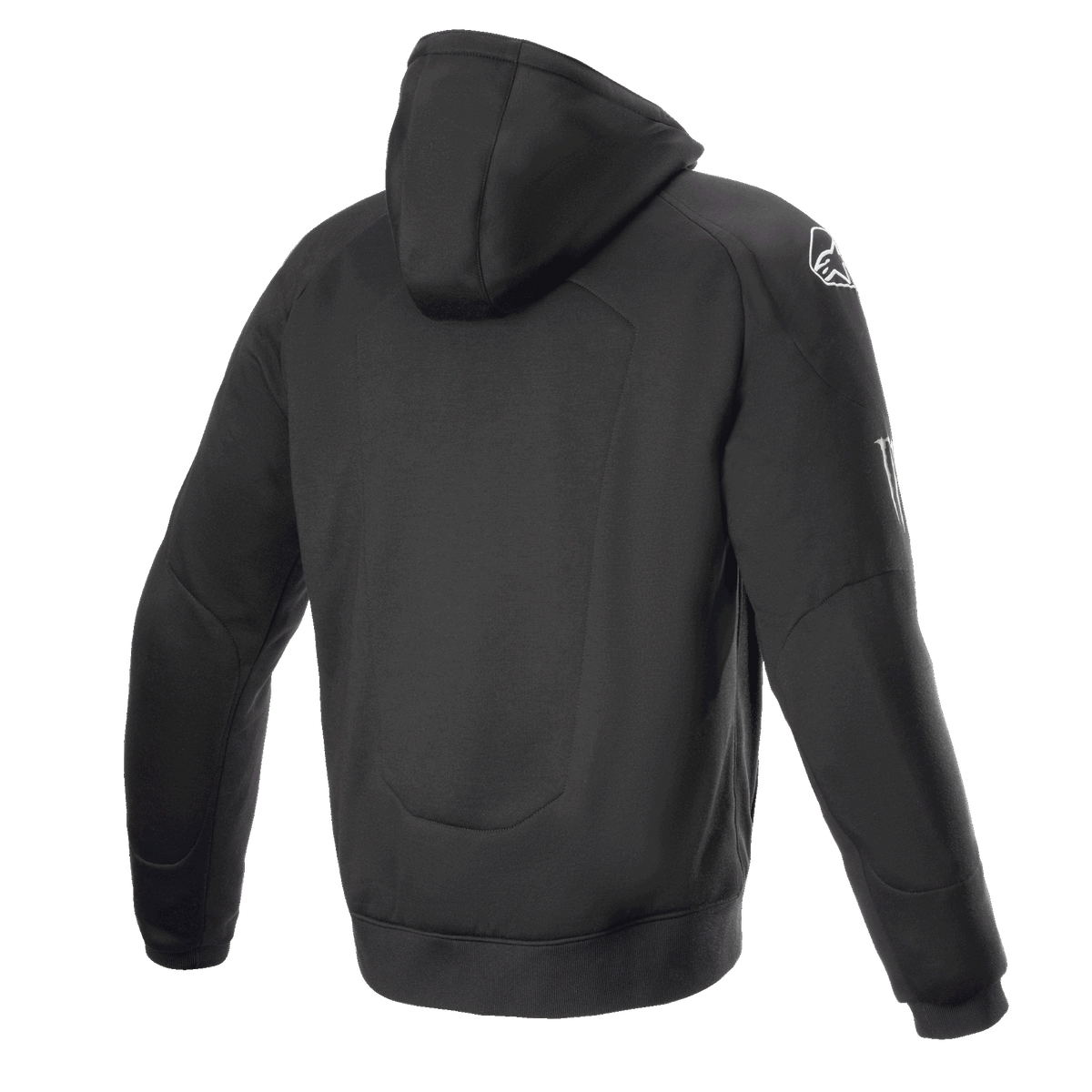 Alpinestars FQ20 Chrome Ignition Monster Hoodie, felpa da moto nera, vista posteriore, logo Alpinestars bianco sulla spalla, marchio Monster Energy sulla manica, design urbano casual con costruzione in tessuto protettivo