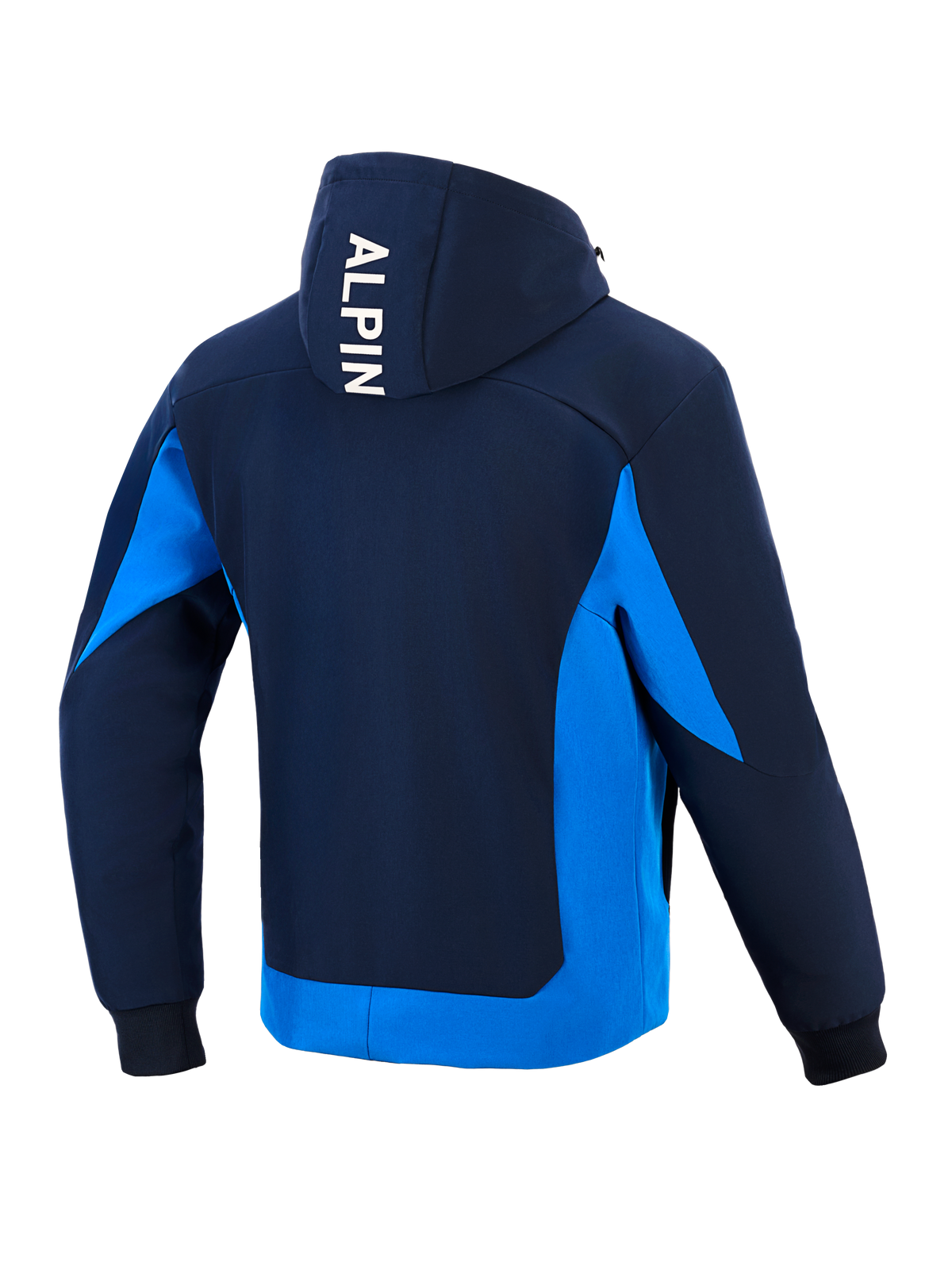 Alpinestars Radium Tech Hoodie, felpa tecnica da moto, Night Navy e Royal Blue, vista posteriore con logo 'ALPIN' bianco verticale sul cappuccio, pannelli laterali e bordo inferiore blu acceso, polsini a coste, design atletico urbano