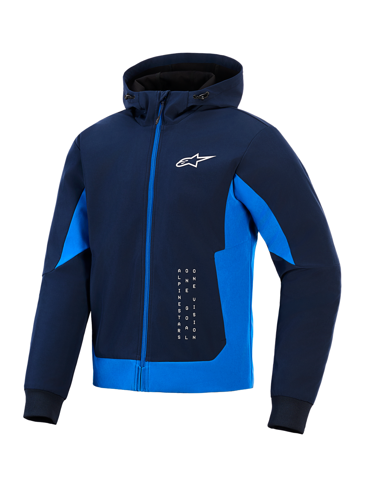 Alpinestars Radium Tech Hoodie, Night Navy e Royal Blue, felpa tecnica con cappuccio e zip integrale, logo Astar bianco e branding verticale, giacca da moto urbana