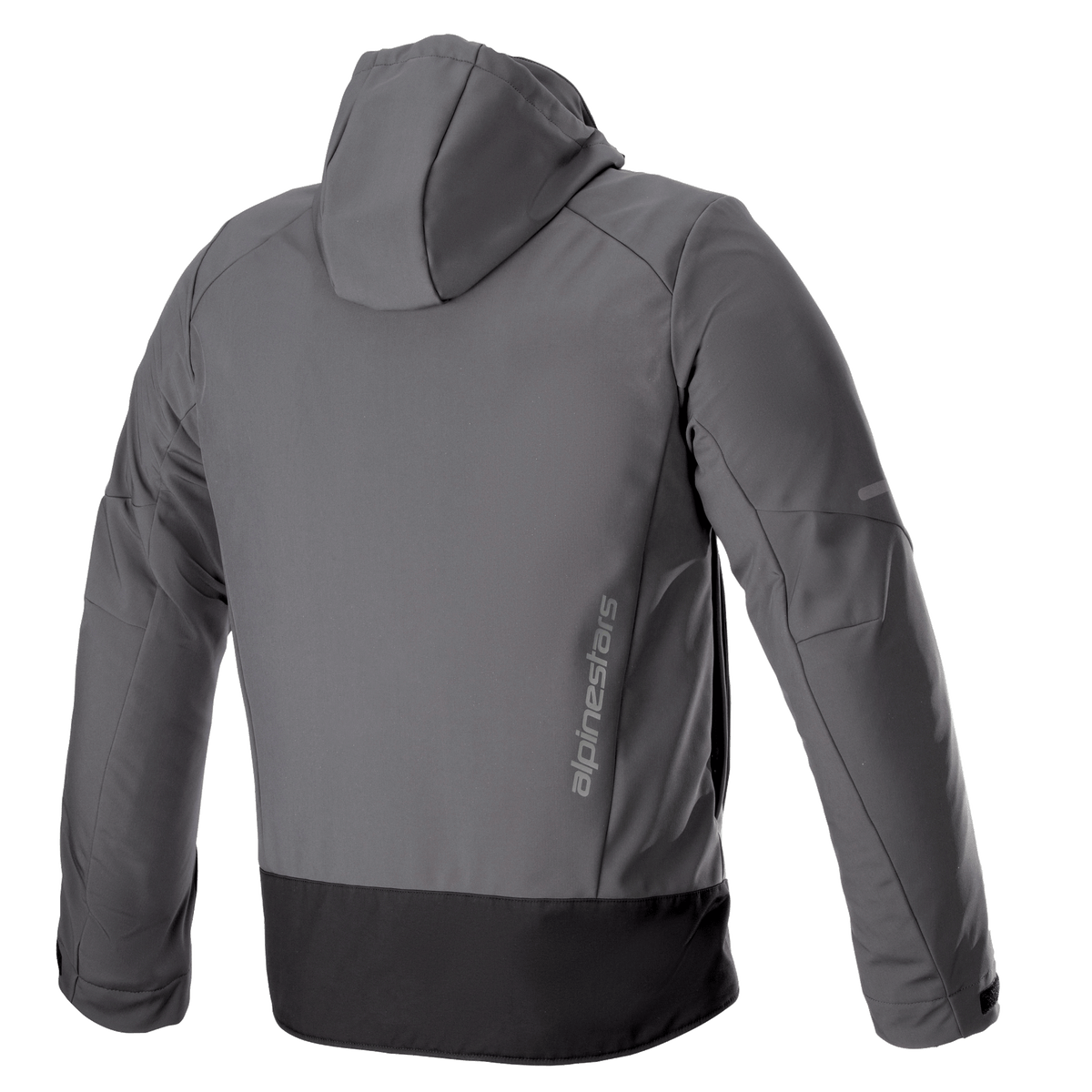 Alpinestars Neo Waterproof Hoodie, giacca tecnica da moto urbana, grigio Tar e nero, vista posteriore con logo Alpinestars verticale, cappuccio staccabile, costruzione in softshell impermeabile con pannello nero sul fondo