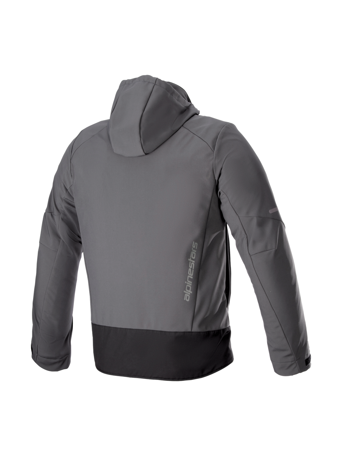 Alpinestars Giacca Con Cappuccio Neo Impermeabile, giacca da moto urban da uomo, grigia e nera, in tessuto softshell tecnico, vista posteriore con logo verticale.
