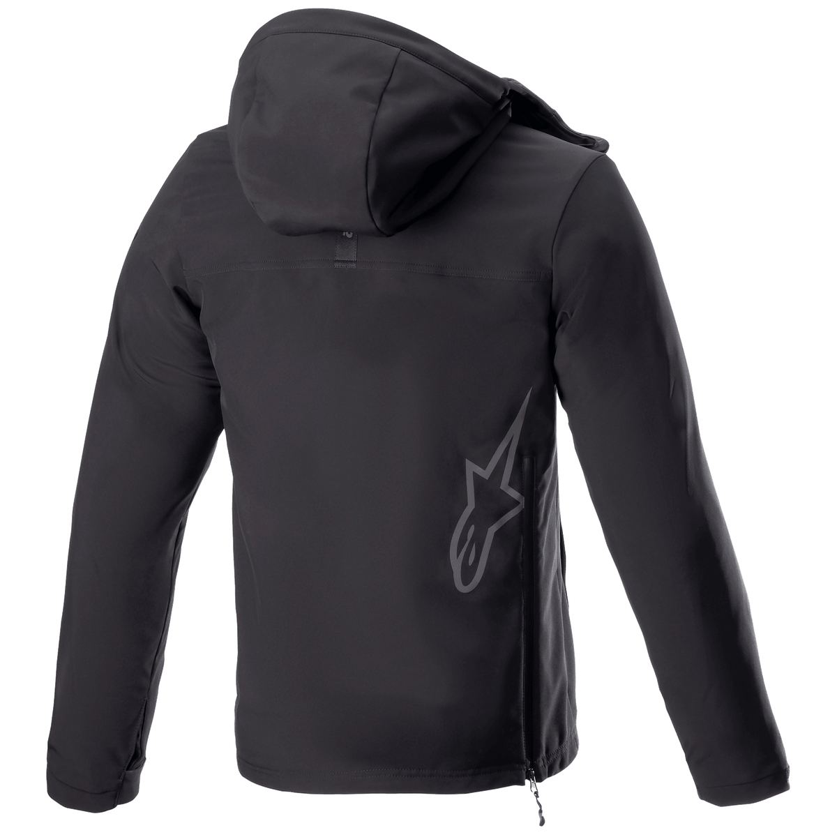 Alpinestars Sherpa Hoodie, giacca felpa da moto urban, Black Reflex, vista posteriore con un grande logo a stella Alpinestars riflettente sulla parte bassa della schiena, chiusura con zip laterale e cappuccio, design in softshell antivento.