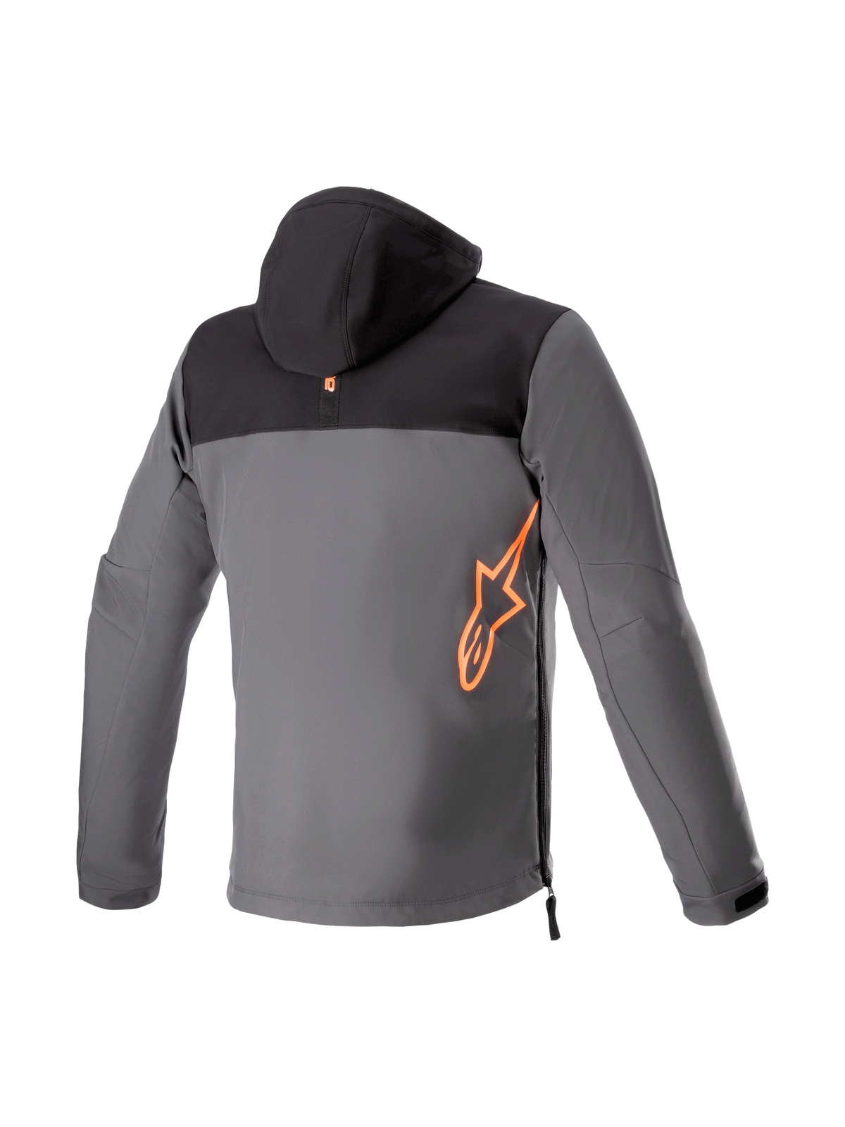 Alpinestars Felpa con cappuccio Sherpa, giacca da moto urban da uomo, nero e grigio catrame, vista posteriore con logo rosso fluo, in tessuto softshell, predisposta per airbag Tech-Air