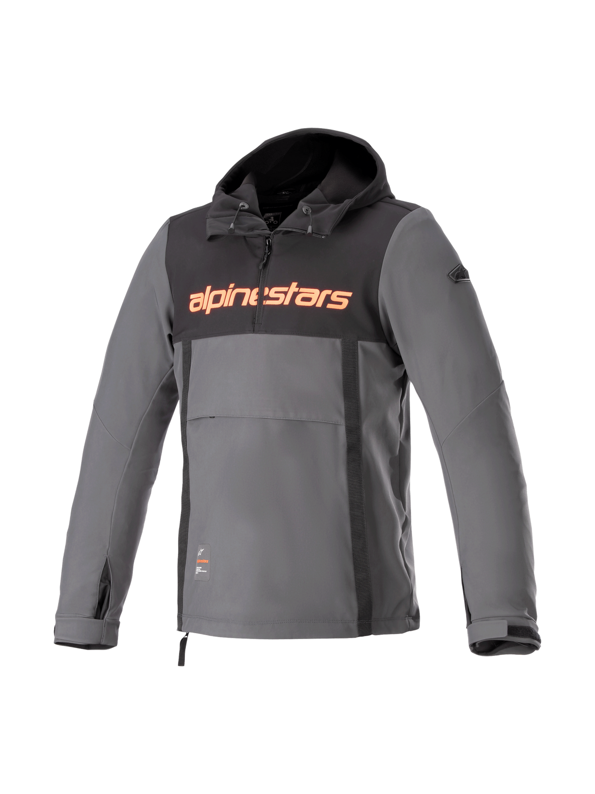 Alpinestars Felpa con cappuccio Sherpa, giacca da moto urban grigia e nera, softshell antivento, logo rosso fluo.
