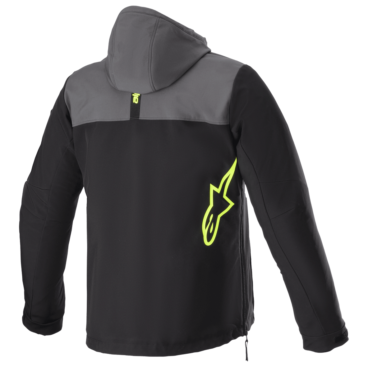 Alpinestars Sherpa Hoodie, vista posteriore, Grigio Tar e nero con accenti giallo fluo, logo a stella giallo neon sul lato, giacca da moto in softshell con cappuccio, dettaglio zip laterale, abbigliamento per il pendolarismo urbano