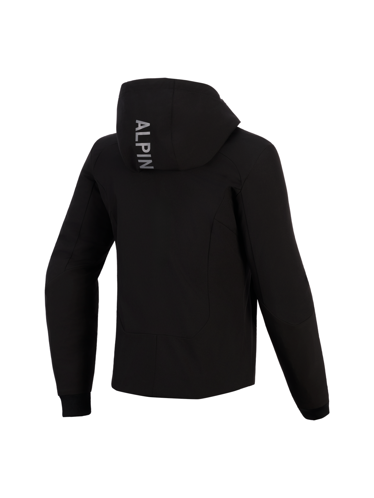 Alpinestars Stella Radium Tech Hoodie da donna, vista posteriore, felpa tecnica da moto nera, presenta la scritta verticale 'ALPIN' sul cappuccio, polsini a coste elasticizzati, abbigliamento protettivo da guida urbana per donna