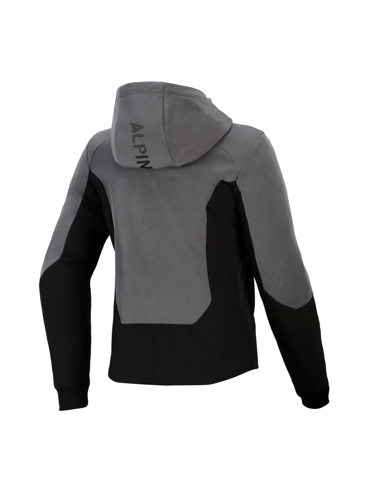 Alpinestars Stella Radium Tech Hoodie da donna, vista posteriore, grigio scuro e nero, felpa da moto urbana con guscio antivento, design a blocchi di colore, logo Alpinestars sul cappuccio e polsini a coste.