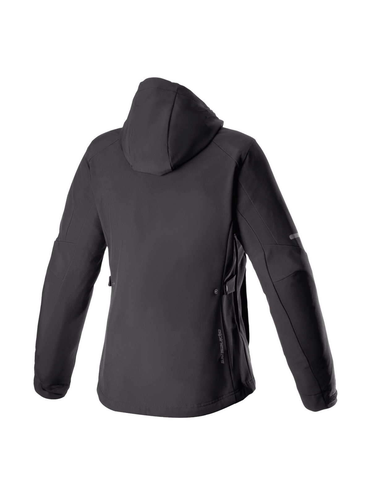 Alpinestars Stella Neo Waterproof Hoodie, giacca da moto urban da donna, nera, softshell, vista posteriore con cappuccio.