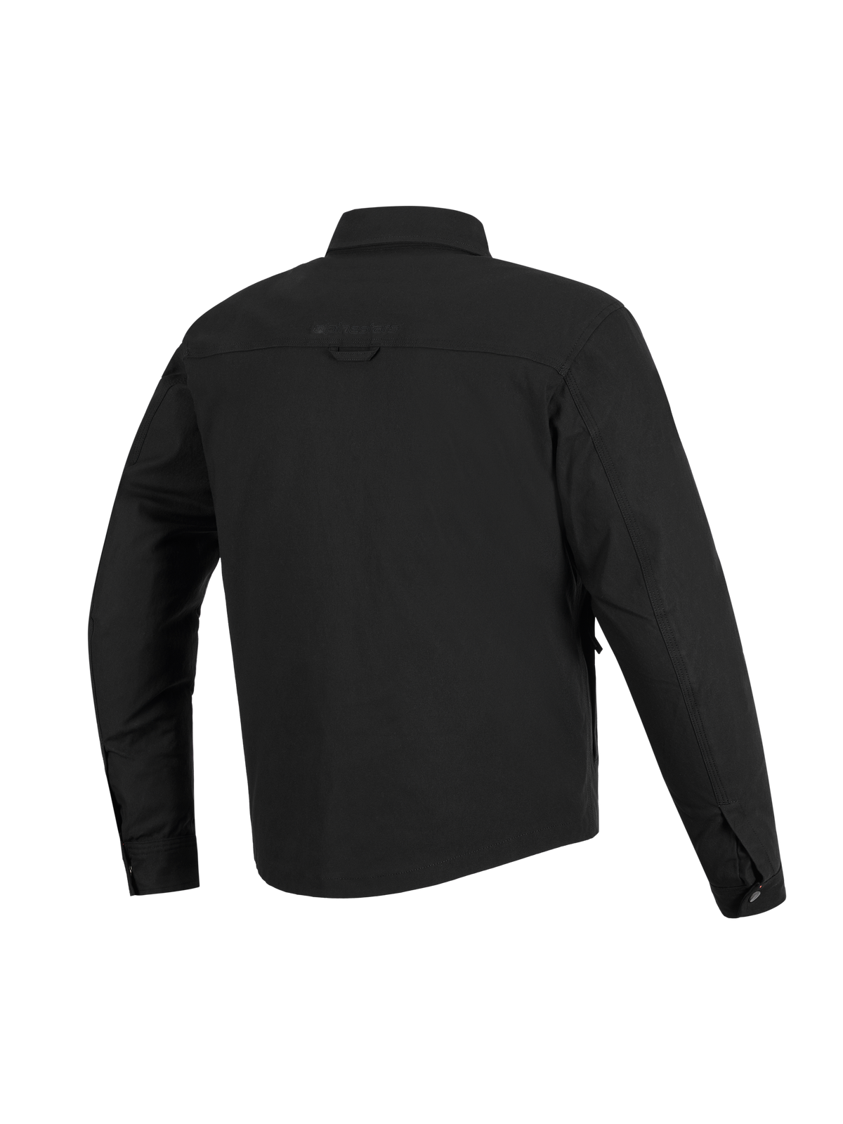Alpinestars Bryon Water Resistant Overshirt, nero, vista posteriore, caratterizzata da una robusta struttura in tela cerata, carré orizzontale sulle spalle, passante posteriore e una parte posteriore leggermente più lunga per la copertura durante la guida in moto.