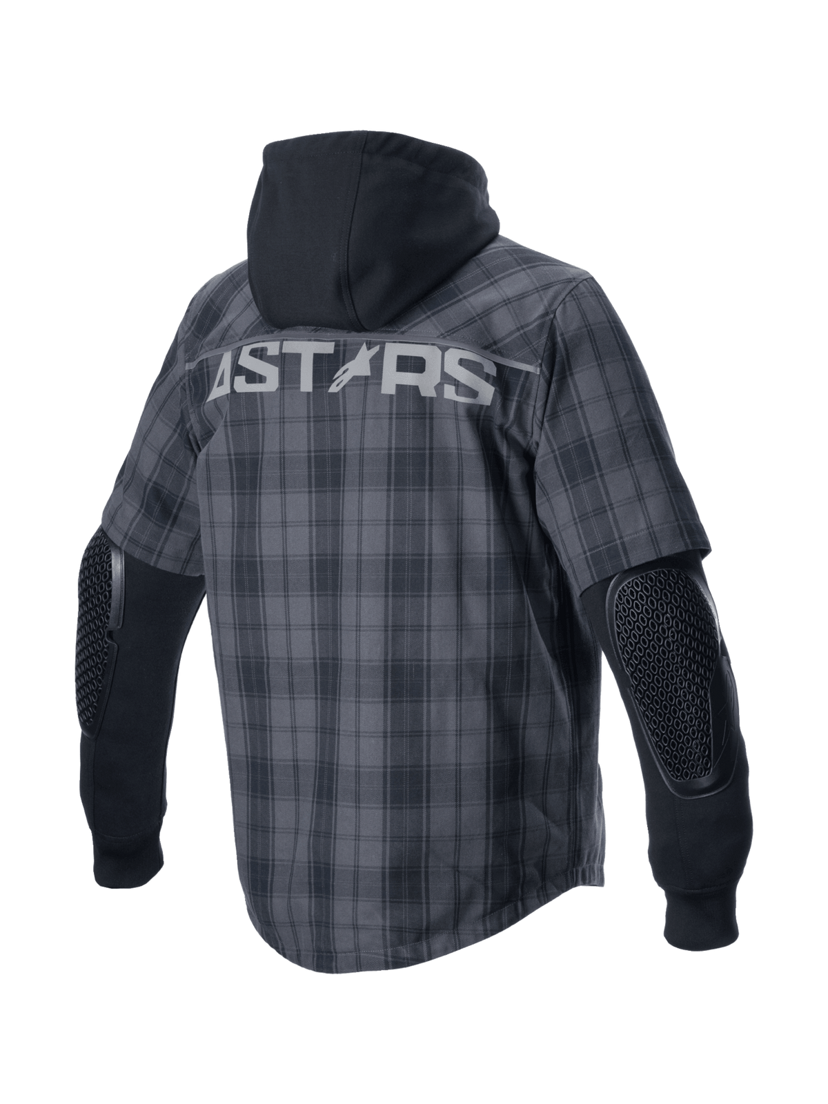 Alpinestars camicia MO.ST.EQ Tartan grigia e nera, giacca da moto urban con cappuccio, protezioni esposte e logo Astars.