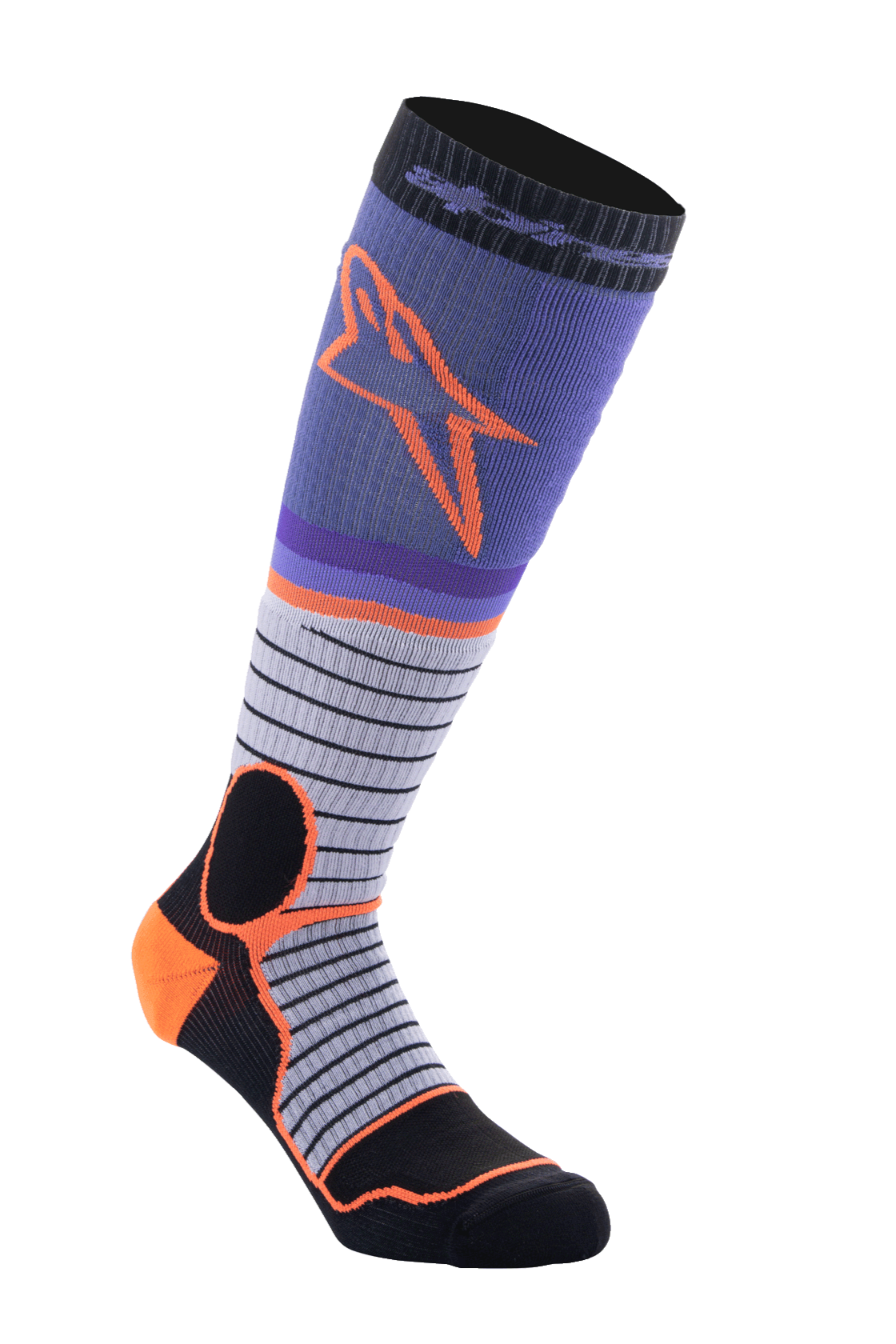 Alpinestars MX Pro Socks V2, calze alte da motocross, nero, grigio, viola e arancione, costruzione a costine, design a strisce orizzontali, abbigliamento tecnico da motociclismo