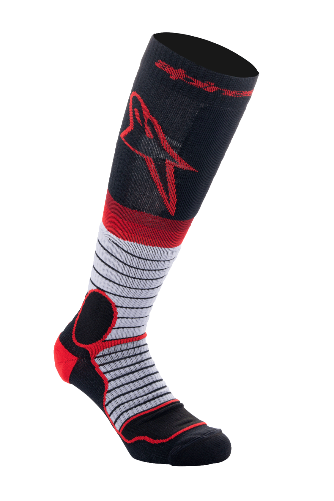 Alpinestars MX Pro Socks V2, calze lunghe da motocross, nero, grigio e rosso, con logo Astar rosso sul polpaccio, sezione grigia a strisce nere e imbottitura rossa rinforzata su tallone e caviglia, calze tecniche per guida off-road