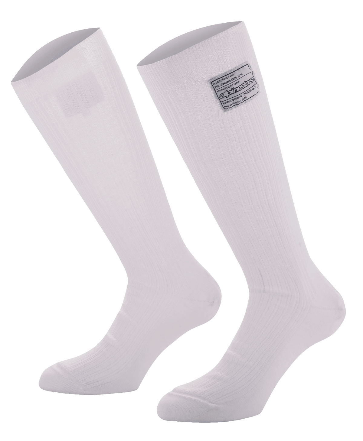 Alpinestars Race V4 Socks, calze da corsa bianche al ginocchio, struttura in Nomex a coste con etichetta di certificazione FIA, design ignifugo per motorsport professionale
