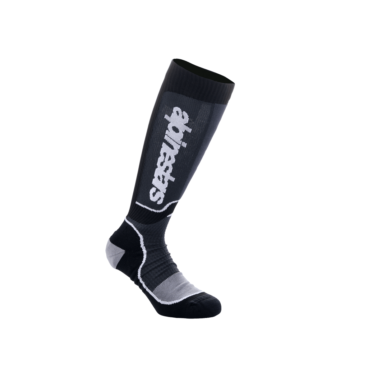 Alpinestars Youth MX Plus Socks, calzini da motocross al ginocchio, neri e grigi, con logo Alpinestars bianco, texture a coste con tallone e punta rinforzati, costruzione traspirante a strato singolo per prestazioni fuoristrada