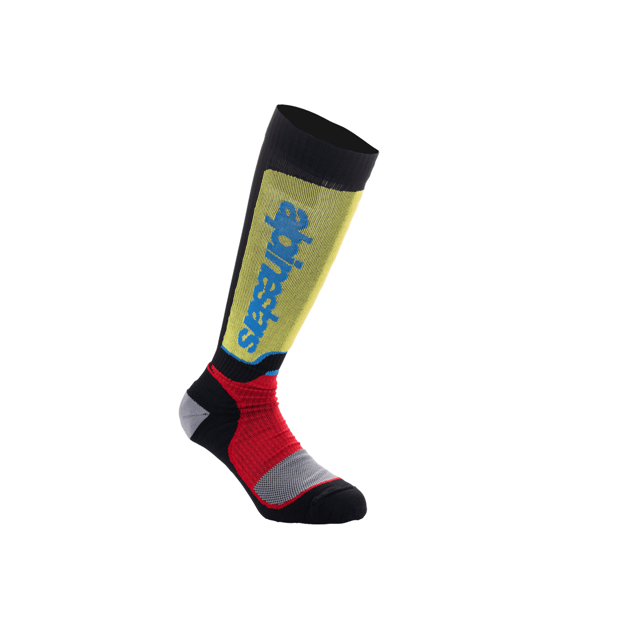 Alpinestars Youth MX Plus Socks, calze da motocross per ragazzi, nero con accenti gialli, rossi e azzurri, lunghezza al ginocchio, con struttura a coste e logo Alpinestars verticale sullo stinco