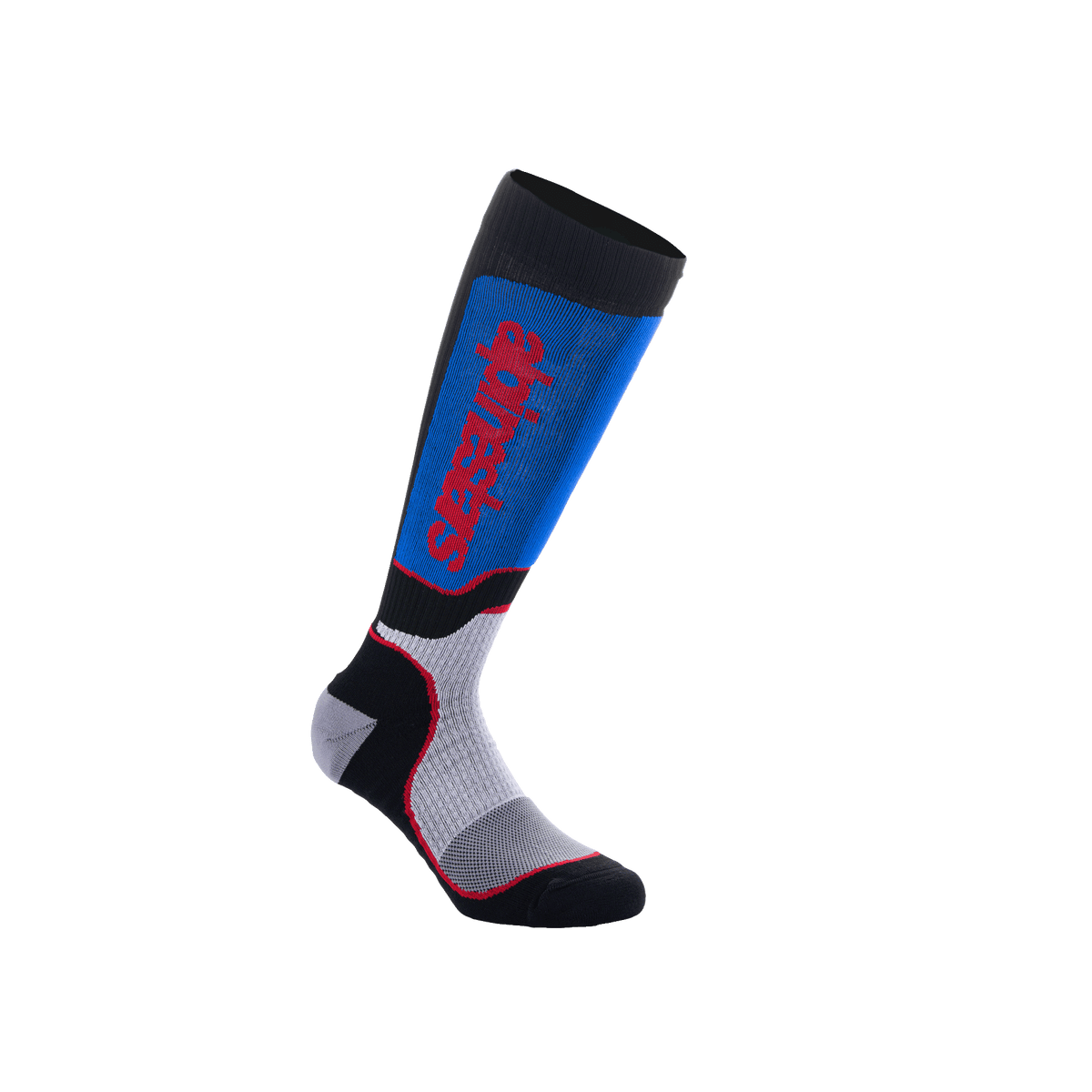 Alpinestars Youth MX Plus Socks, calze da motocross al ginocchio, nero, blu royal e grigio, con logo Alpinestars rosso verticale, vestibilità a compressione a costine con tallone e punta rinforzati, abbigliamento tecnico per giovani piloti
