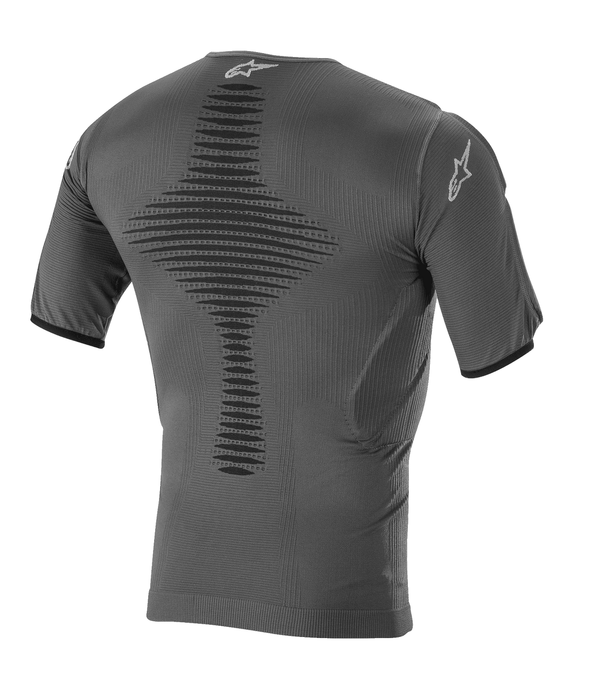 Top Intimo Tecnico Alpinestars Roost, baselayer da motocross, nero antracite, vista posteriore con struttura in maglia traspirante, zona di ventilazione centrale testurizzata, maniche corte e logo a stella Alpinestars sul colletto e sulla manica.
