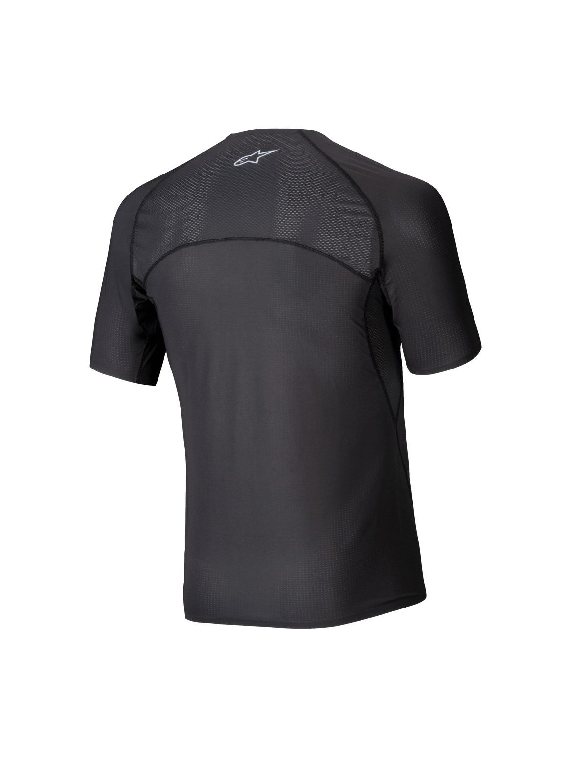 Alpinestars Tech KX Sim Top, strato base per karting a maniche corte, nero, vista posteriore che mostra i pannelli in rete traspirante su spalle e parte superiore della schiena, cuciture ergonomiche, tessuto tecnico traspirante