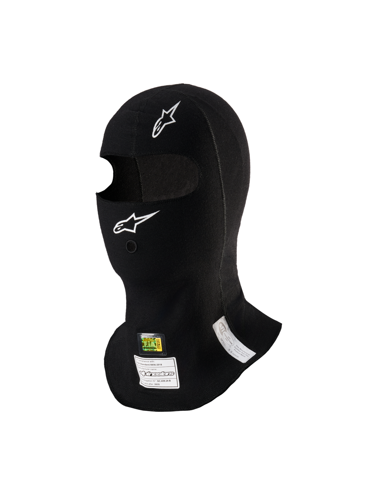 Alpinestars Passamontagna ZX Evo V3, nero, sottocasco ignifugo per auto da corsa, con loghi Alpinestars bianchi, apertura per tubo di idratazione ed etichette di omologazione FIA/SFI, design leggero ed ergonomico per uso motoristico
