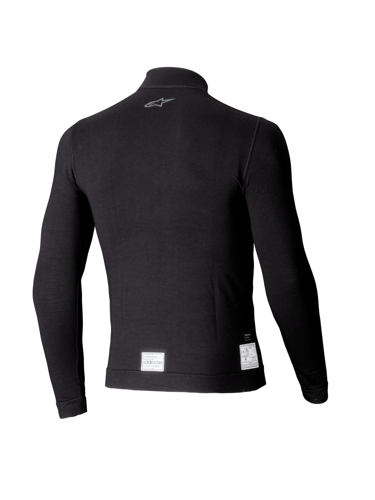 Alpinestars ZX Evo V3 Long Sleeve Top, sottotuta da auto racing nero, vista posteriore con un piccolo logo grigio sul collo ed etichette di certificazione FIA/SFI bianche sull'orlo inferiore, design leggero e resistente alle fiamme.
