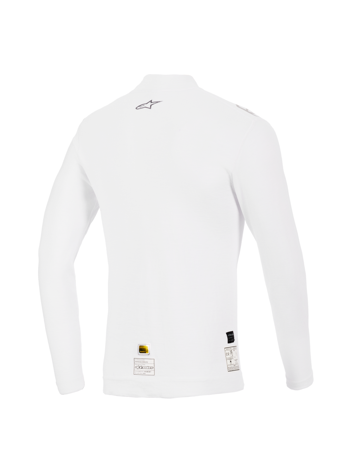 Alpinestars ZX Evo V3 Top a Maniche Lunghe, Bianco, Vista Posteriore, strato di base ignifugo per corse automobilistiche con un piccolo logo Alpinestars grigio sulla parte superiore della schiena ed etichette di certificazione sull'orlo, vestibilità performante con consistenza morbida