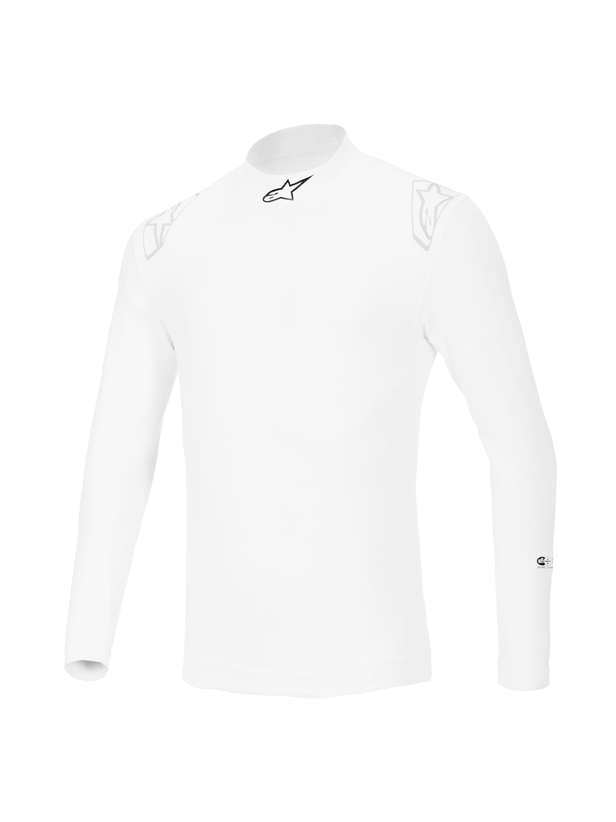 Alpinestars ZX Evo V3 Long Sleeve Top, sottotuta bianco per automobilismo, design resistente alle fiamme con logo a stella nero sul colletto e loghi bianchi sulle spalle, abbigliamento professionale per motorsport.