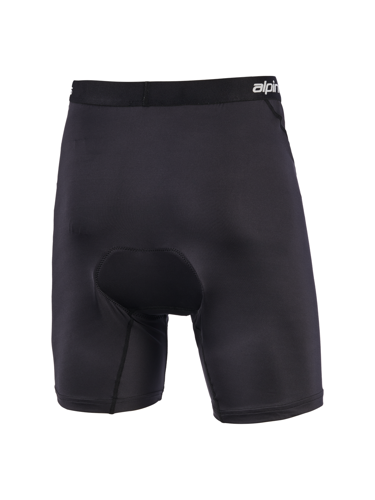 Alpinestars MX Boxer Padded, boxer da motocross neri con imbottitura, vista posteriore con fondello in chamois multi-densità, fascia elastica con logo, costruzione ergonomica elasticizzata per il comfort nella guida off-road
