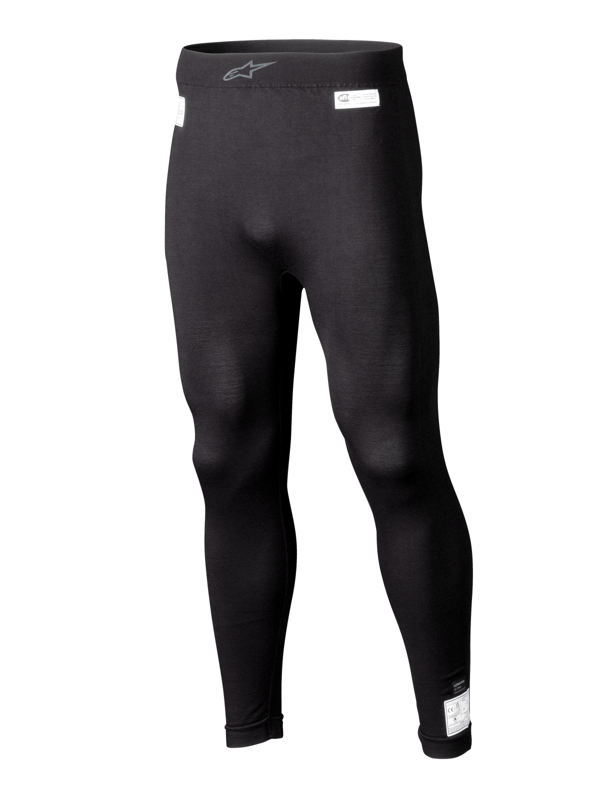 Alpinestars ZX Evo V3 Bottom, leggings base layer neri per motorsport, intimo racing ignifugo, design a lunghezza intera con etichette di certificazione FIA e SFI bianche, fascia elastica in vita con logo Astars grigio, vestibilità affusolata ed elegante