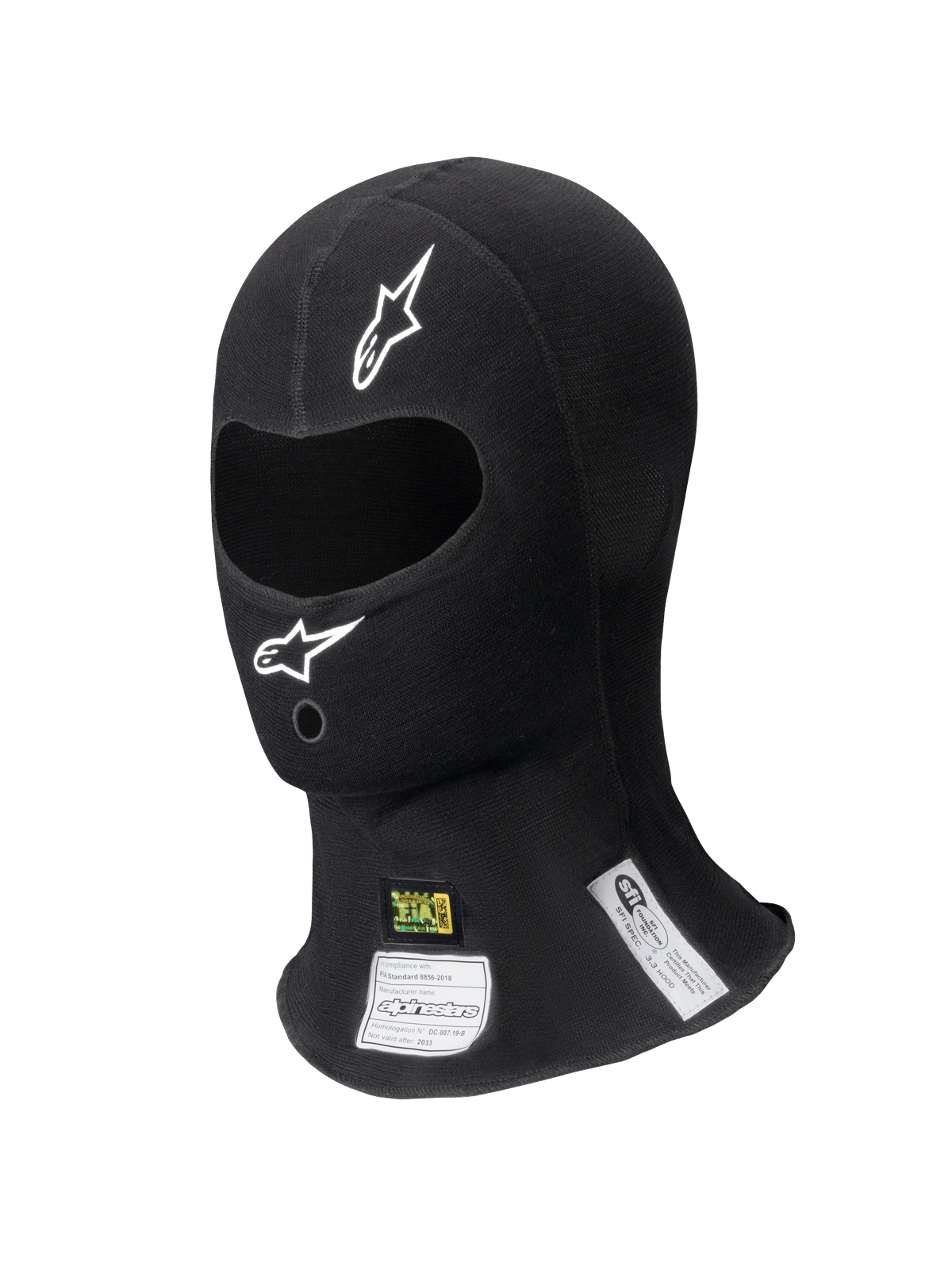Alpinestars ZX Balaclava Evo V2 FIA/SFI, passamontagna da corsa nero, apertura singola per gli occhi con loghi bianchi, etichette di certificazione FIA e SFI visibili sul collo, tessuto tecnico ignifugo per motorsport professionale
