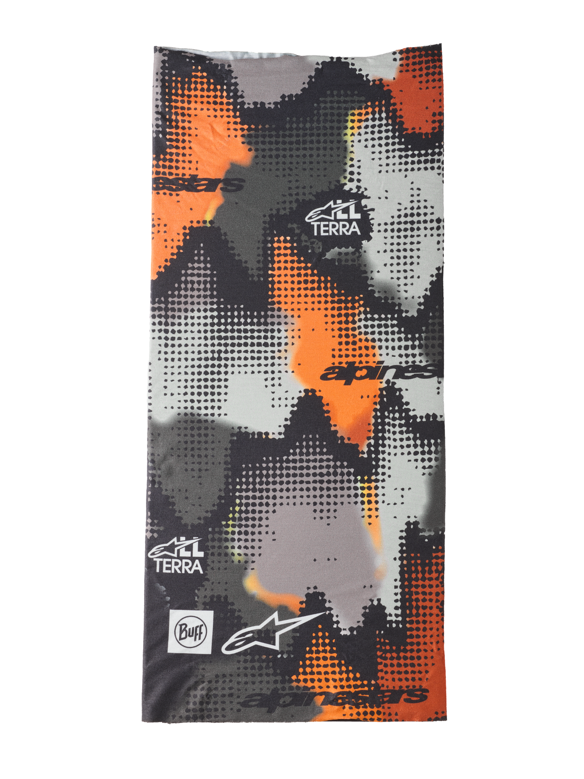 Alpinestars Buff Nazca Neck Tube, scaldacollo da moto, mimetico grigio e arancione fluo, motivo camouflage digitale a mezzitoni, con loghi Alpinestars e Buff e marchio All Terra, tessuto elasticizzato in 4 direzioni senza cuciture per la guida con climi caldi