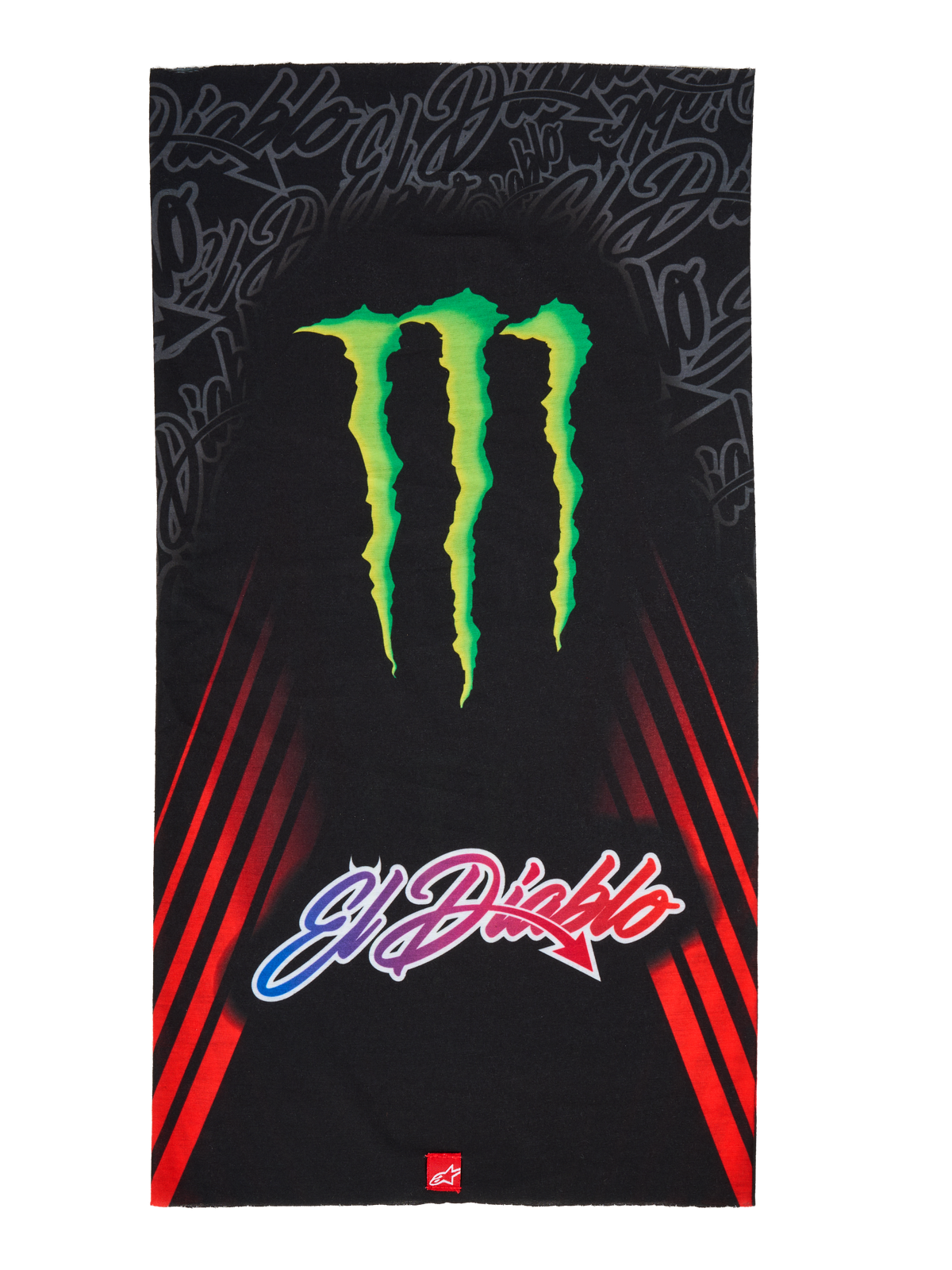 Alpinestars FQ20 Neck Tube Monster, scaldacollo da moto, nero con un grande logo verde Monster Energy e scritta sfumata 'El Diablo', strisce diagonali rosse sui lati, accessorio in tessuto leggero per la guida in primavera ed estate
