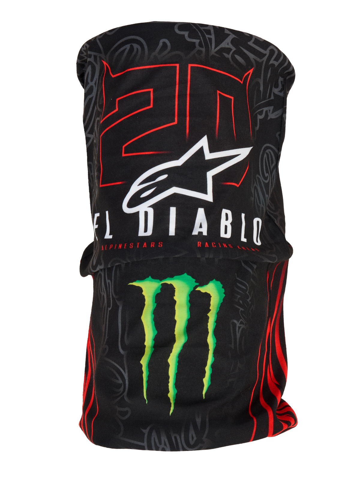 Alpinestars FQ20 Neck Tube Monster, scaldacollo da moto leggero, nero con grafiche '20' rosse e 'El Diablo' bianche, logo Alpinestars bianco e artiglio Monster Energy verde, accessorio d'ispirazione racing con una texture tessile setosa