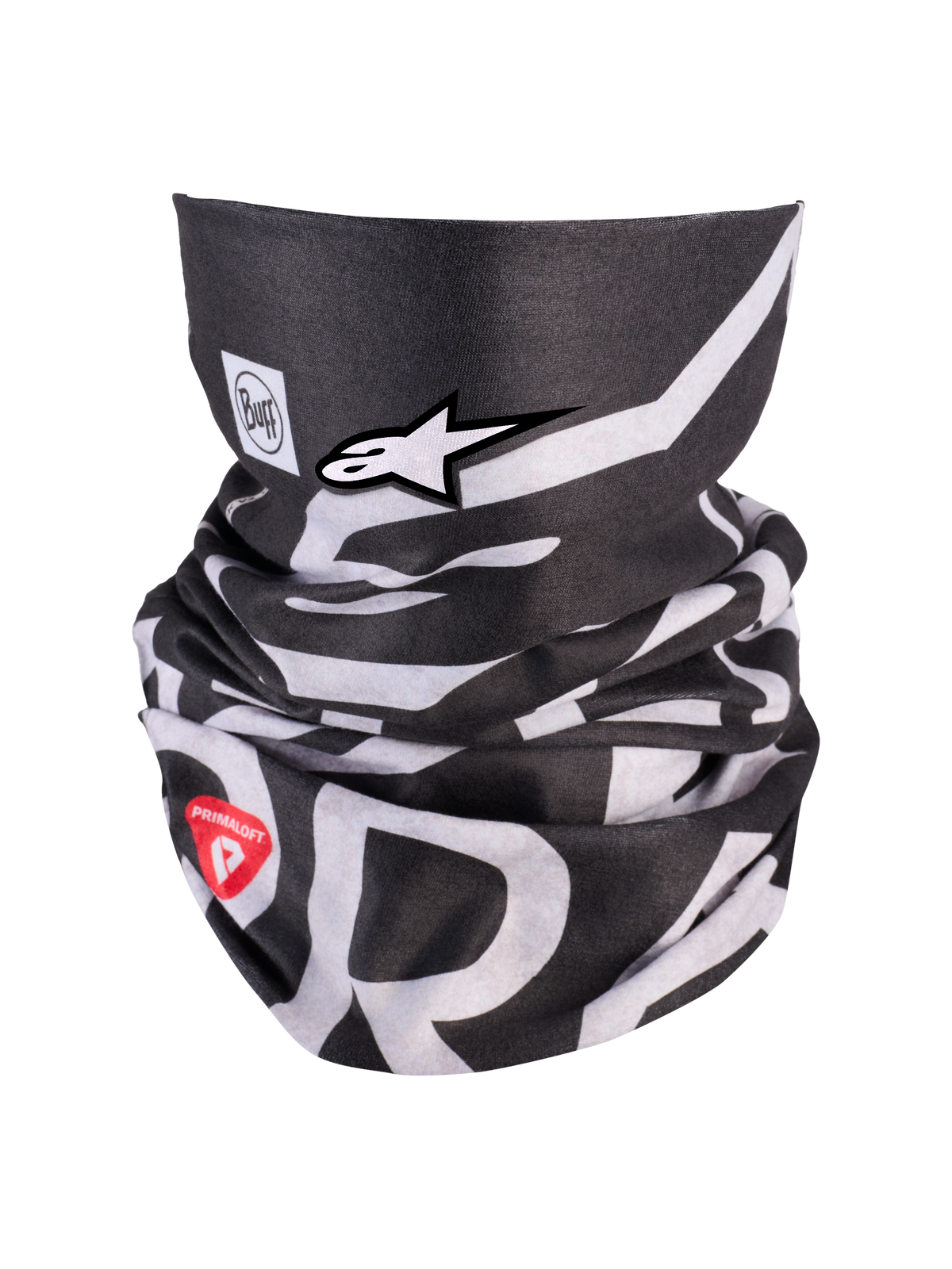 Alpinestars Buff All Terra Primaloft Neck Tube, scaldacollo termico da moto in bianco e nero con marchio rosso Primaloft e logo Alpinestars