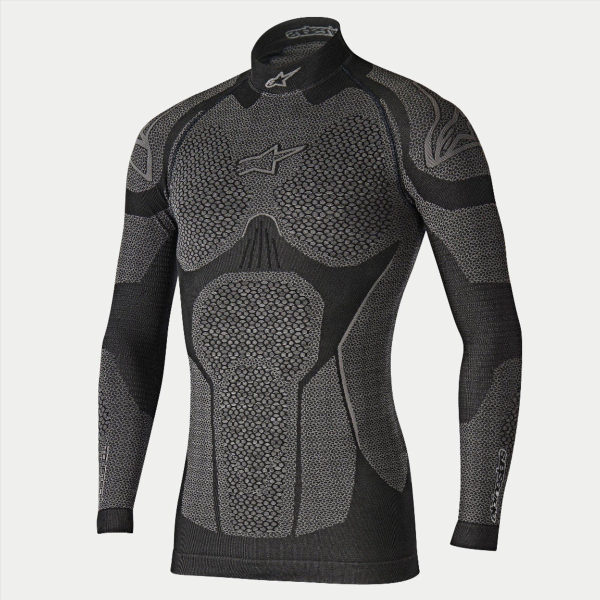 Alpinestars Ride Tech Top Long Sleeve Winter, maglia termica base layer da moto, nero e grigio, maglia tecnica a maniche lunghe con pannelli testurizzati a nido d'ape a doppia densità, vestibilità a compressione, collo a lupetto con logo Alpinestars bianco, intimo termico per climi freddi