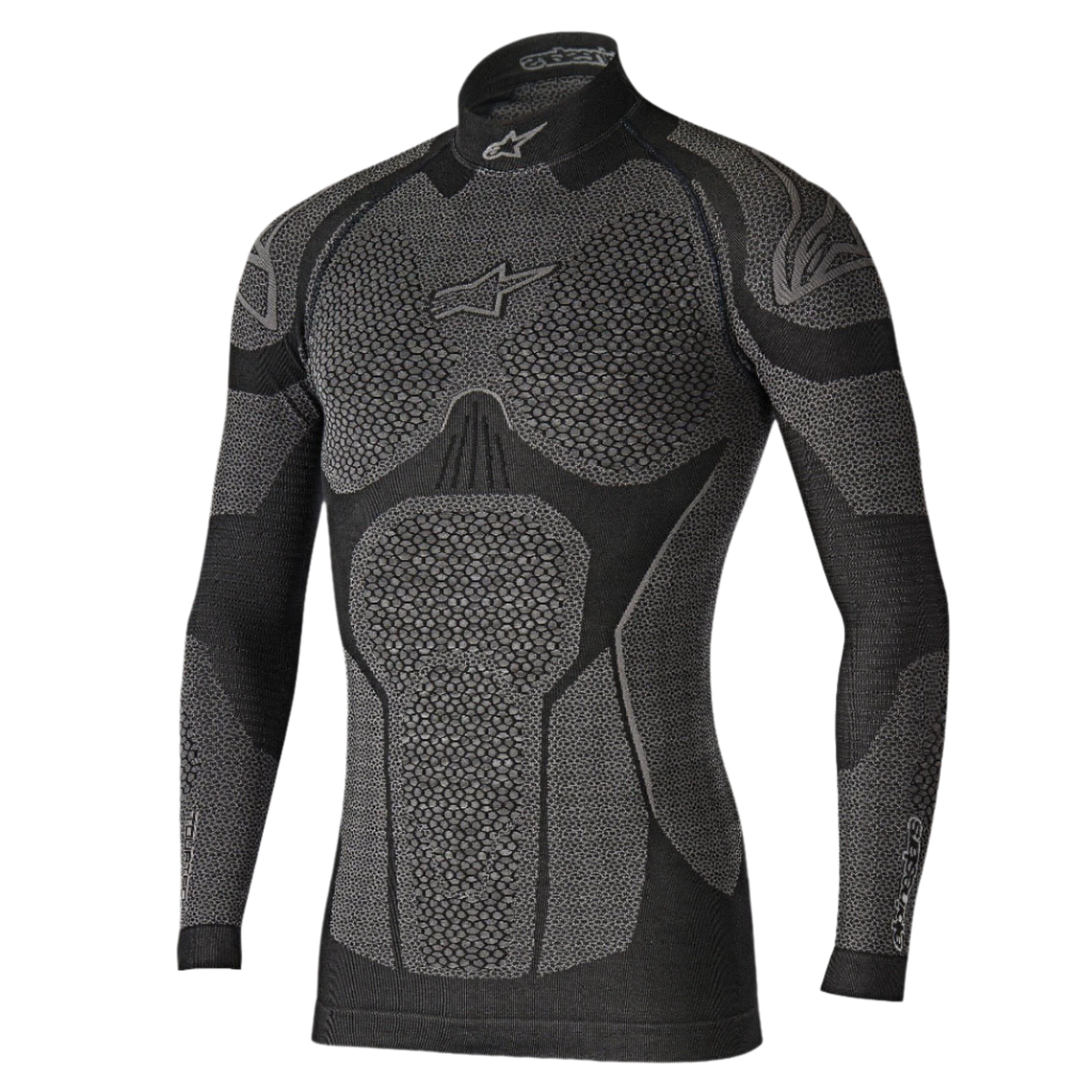 Alpinestars Ride Tech Top Long Sleeve Winter, intimo tecnico base layer, nero e grigio, con pannelli a trama a nido d'ape, collo a lupetto e vestibilità a compressione per la guida in moto in climi freddi